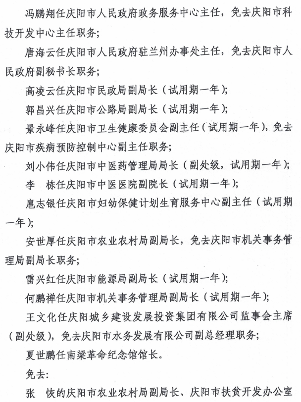 庆阳市最新人事任免